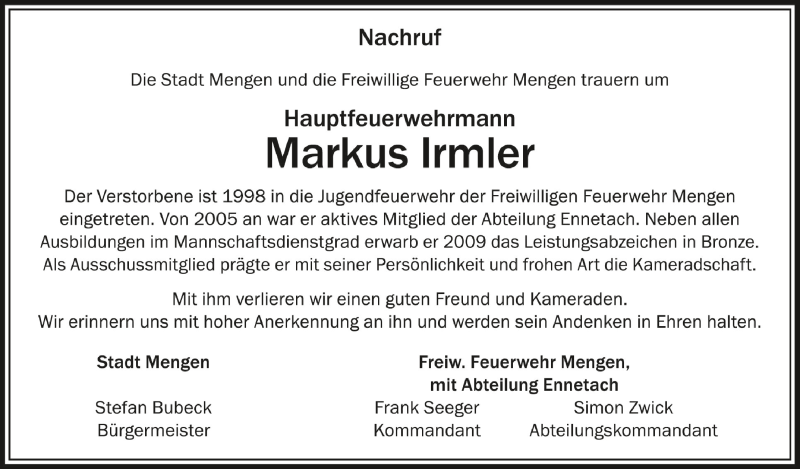  Traueranzeige für Markus Irmler vom 03.08.2021 aus Schwäbische Zeitung
