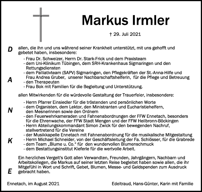  Traueranzeige für Markus Irmler vom 14.08.2021 aus Schwäbische Zeitung