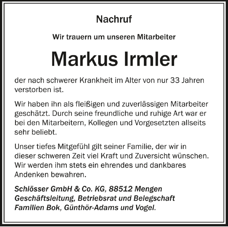  Traueranzeige für Markus Irmler vom 02.08.2021 aus Schwäbische Zeitung