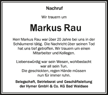 Anzeige von Markus Rau von Schwäbische Zeitung