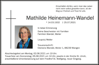 Anzeige von Mathilde Heinemann-Wandel von Schwäbische Zeitung