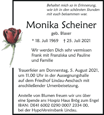 Anzeige von Monika Scheiner von Schwäbische Zeitung
