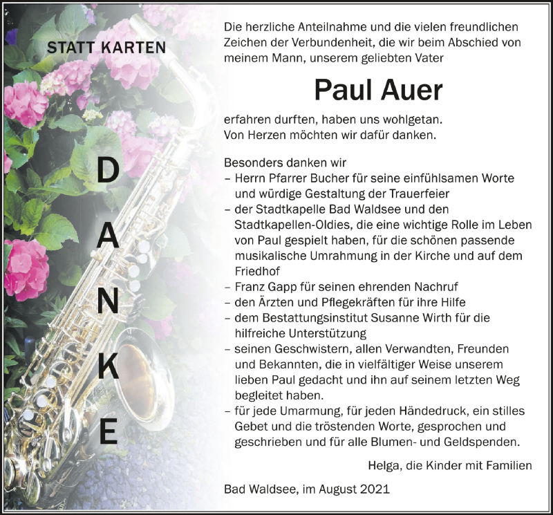  Traueranzeige für Paul Auer vom 28.08.2021 aus Schwäbische Zeitung