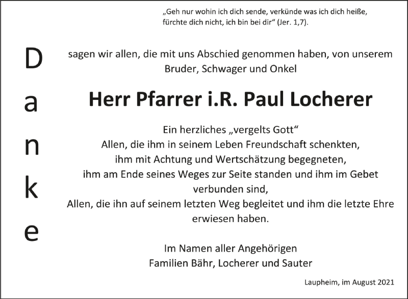  Traueranzeige für Paul Locherer vom 10.08.2021 aus Schwäbische Zeitung
