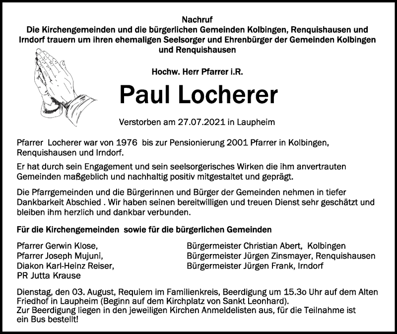  Traueranzeige für Paul Locherer vom 31.07.2021 aus Schwäbische Zeitung