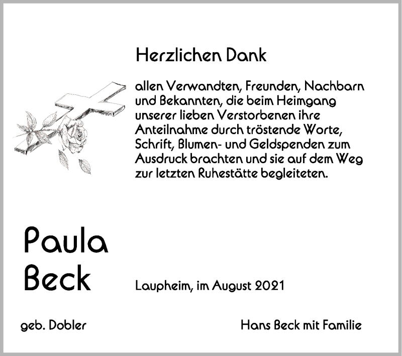  Traueranzeige für Paula Beck vom 21.08.2021 aus Schwäbische Zeitung