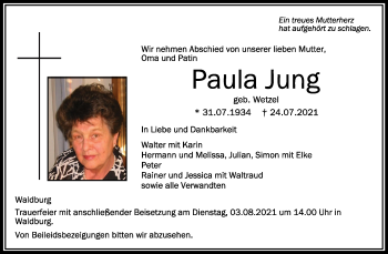 Anzeige von Paula Jung von Schwäbische Zeitung