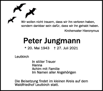 Anzeige von Peter Jungmann von Schwäbische Zeitung