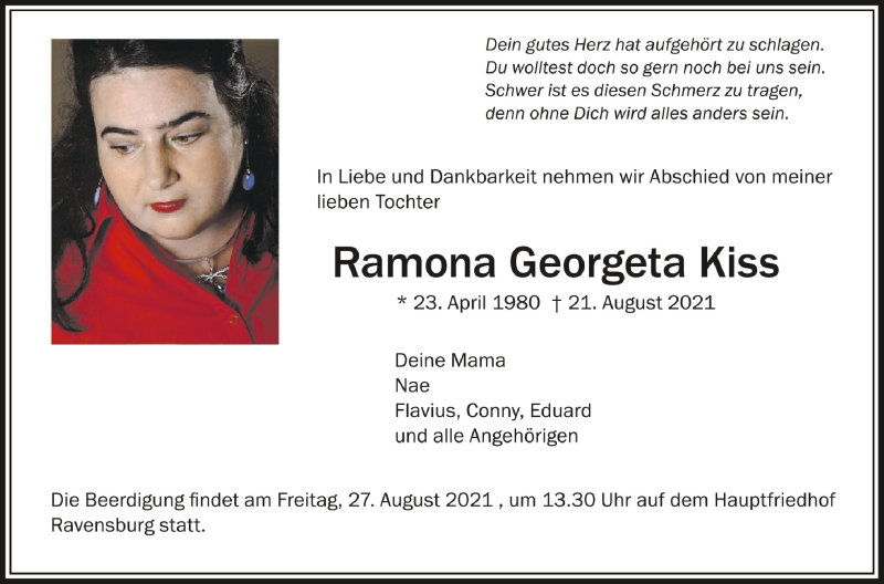  Traueranzeige für Ramona Georgeta Kiss vom 25.08.2021 aus Schwäbische Zeitung