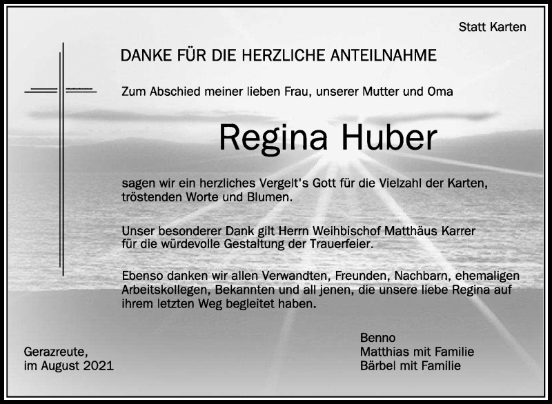  Traueranzeige für Regina Huber vom 13.08.2021 aus Schwäbische Zeitung