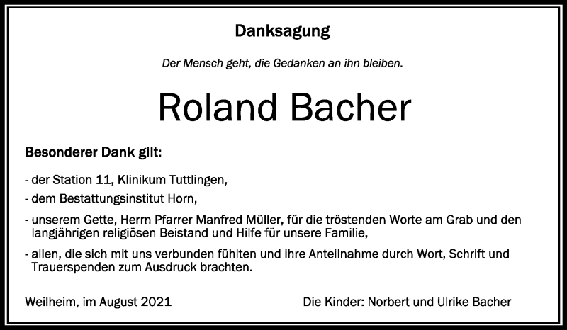  Traueranzeige für Roland Bacher vom 28.08.2021 aus Schwäbische Zeitung