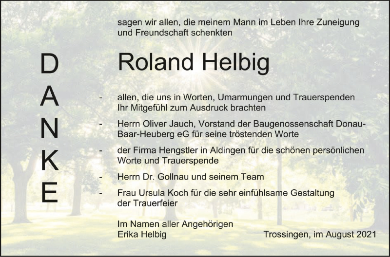  Traueranzeige für Roland Helbig vom 20.08.2021 aus Schwäbische Zeitung
