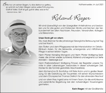 Anzeige von Roland Rieger von Schwäbische Zeitung