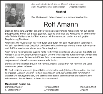 Anzeige von Rolf Amann von Schwäbische Zeitung
