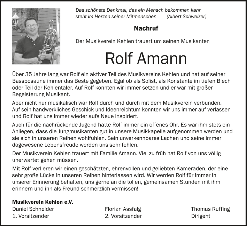  Traueranzeige für Rolf Amann vom 06.08.2021 aus Schwäbische Zeitung