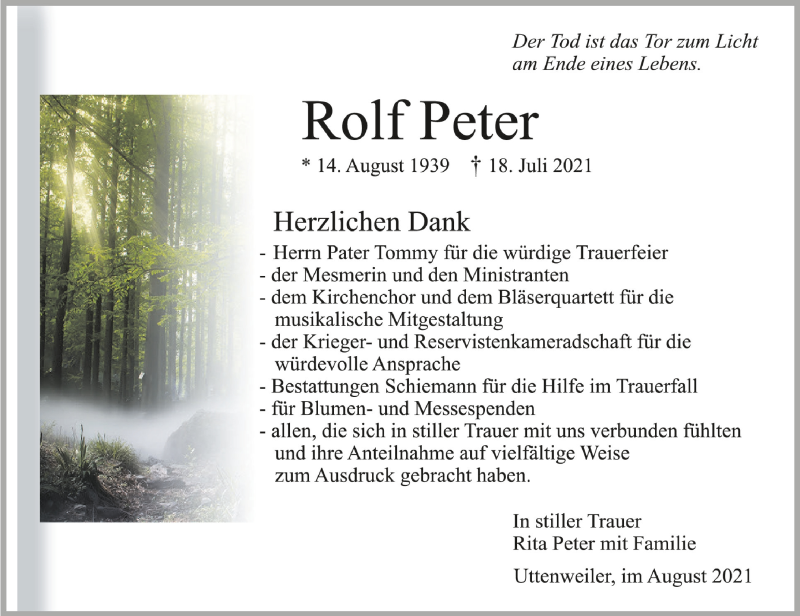  Traueranzeige für Rolf Peter vom 07.08.2021 aus Schwäbische Zeitung