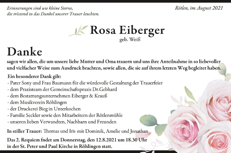  Traueranzeige für Rosa Eiberger vom 09.08.2021 aus Schwäbische Zeitung