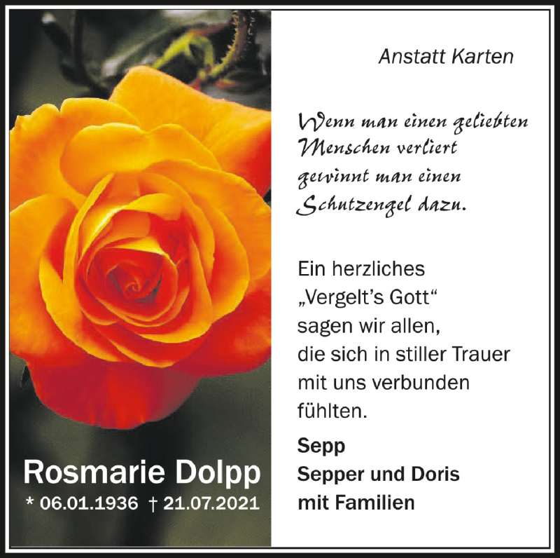  Traueranzeige für Rosmarie Dolpp vom 07.08.2021 aus Schwäbische Zeitung