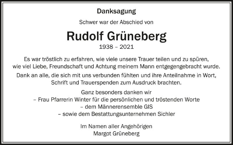  Traueranzeige für Rudolf Grüneberg vom 21.08.2021 aus Schwäbische Zeitung