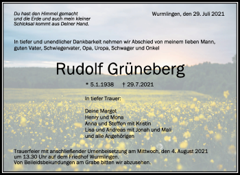 Anzeige von Rudolf Grüneberg von Schwäbische Zeitung