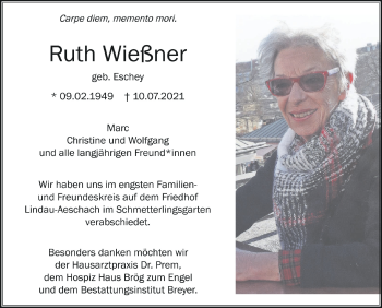 Anzeige von Ruth Wießner von Schwäbische Zeitung