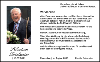 Anzeige von Sebastian Brielmeier von Schwäbische Zeitung