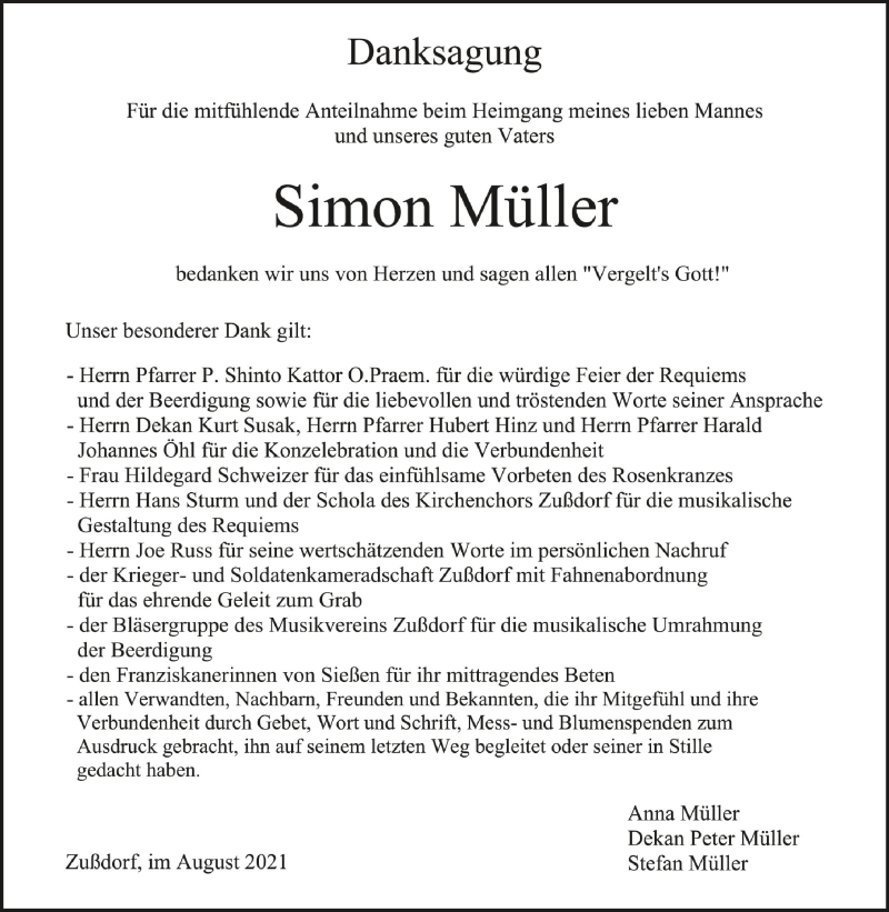  Traueranzeige für Simon Müller vom 06.08.2021 aus Schwäbische Zeitung