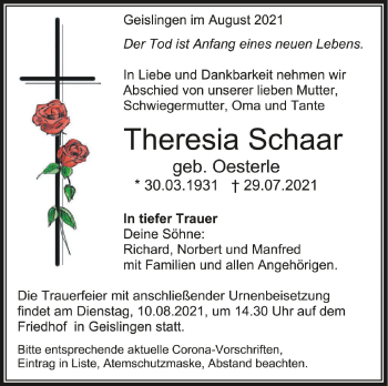 Anzeige von Theresia Schaar von Schwäbische Zeitung