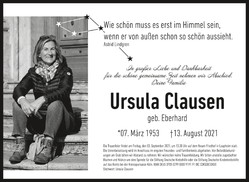  Traueranzeige für Ursula Clausen vom 31.08.2021 aus Schwäbische Zeitung