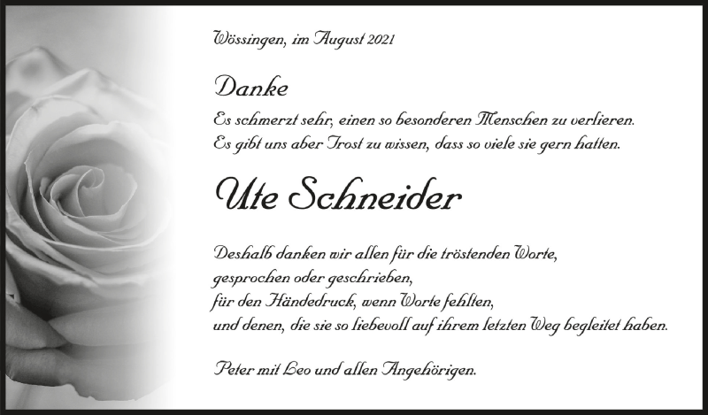  Traueranzeige für Ute Schneider vom 20.08.2021 aus Schwäbische Zeitung