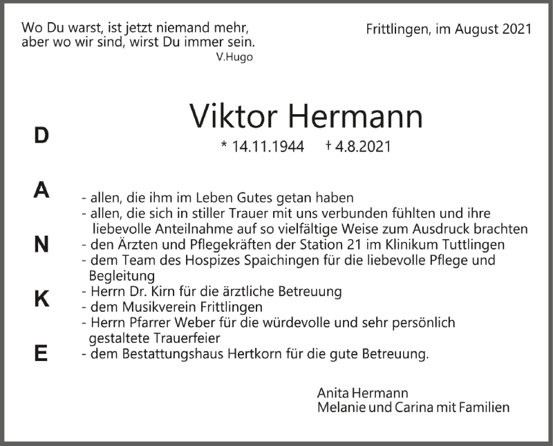  Traueranzeige für Viktor Hermann vom 31.08.2021 aus Schwäbische Zeitung