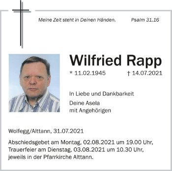 Anzeige von Wilfried Rapp von Schwäbische Zeitung