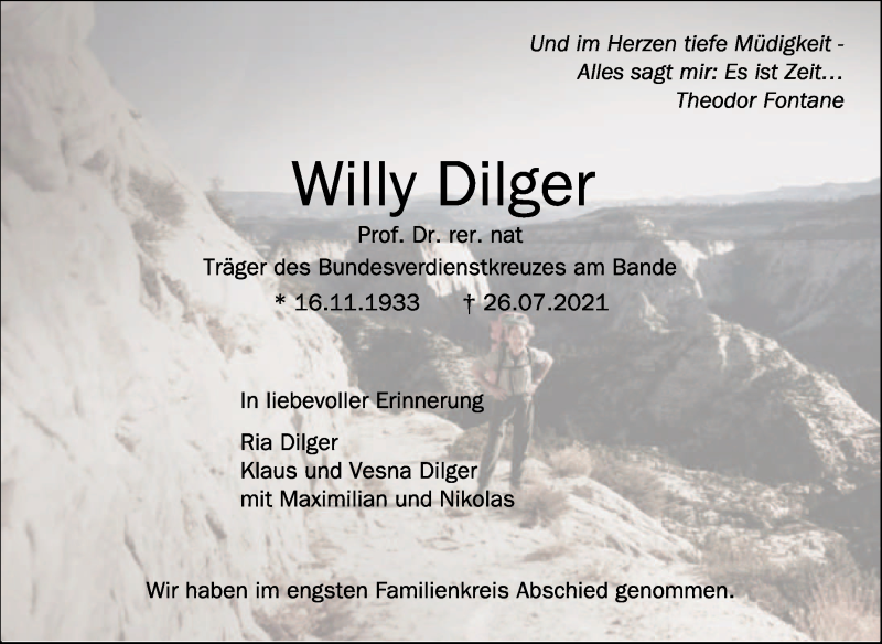  Traueranzeige für Willy Dilger vom 31.07.2021 aus Schwäbische Zeitung