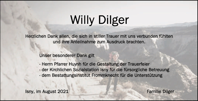  Traueranzeige für Willy Dilger vom 21.08.2021 aus Schwäbische Zeitung