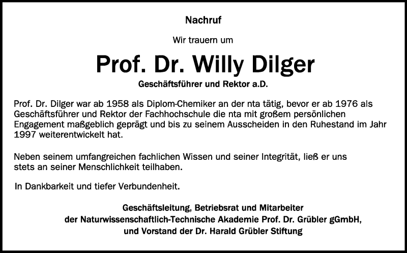  Traueranzeige für Willy Dilger vom 03.08.2021 aus Schwäbische Zeitung