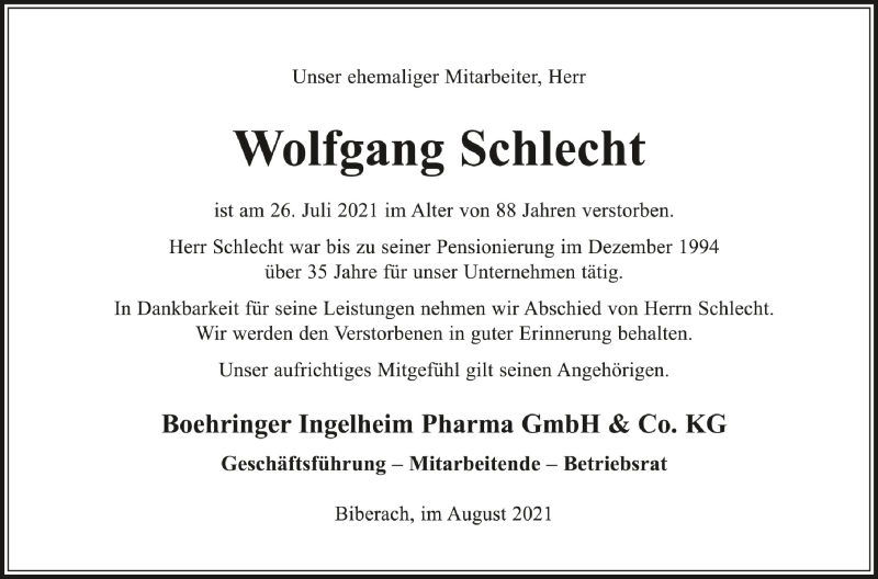  Traueranzeige für Wolfgang Schlecht vom 17.08.2021 aus Schwäbische Zeitung
