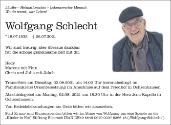 Anzeige von Wolfgang Schlecht von Schwäbische Zeitung