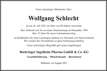 Anzeige von Wolfgang Schlecht von Schwäbische Zeitung