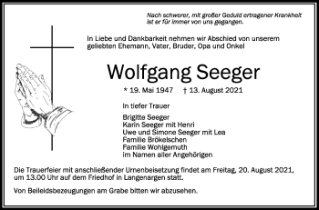 Anzeige von Wolfgang Seeger von Schwäbische Zeitung