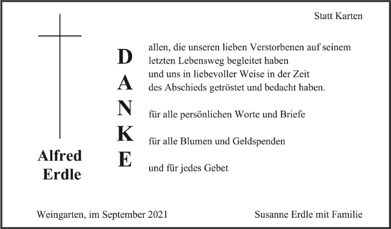  Traueranzeige für Alfred Erdle vom 01.09.2021 aus Schwäbische Zeitung