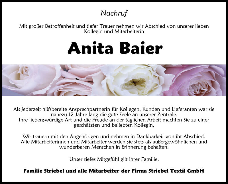  Traueranzeige für Anita Baier vom 18.09.2021 aus Schwäbische Zeitung