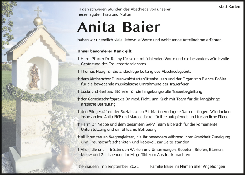  Traueranzeige für Anita Baier vom 25.09.2021 aus Schwäbische Zeitung