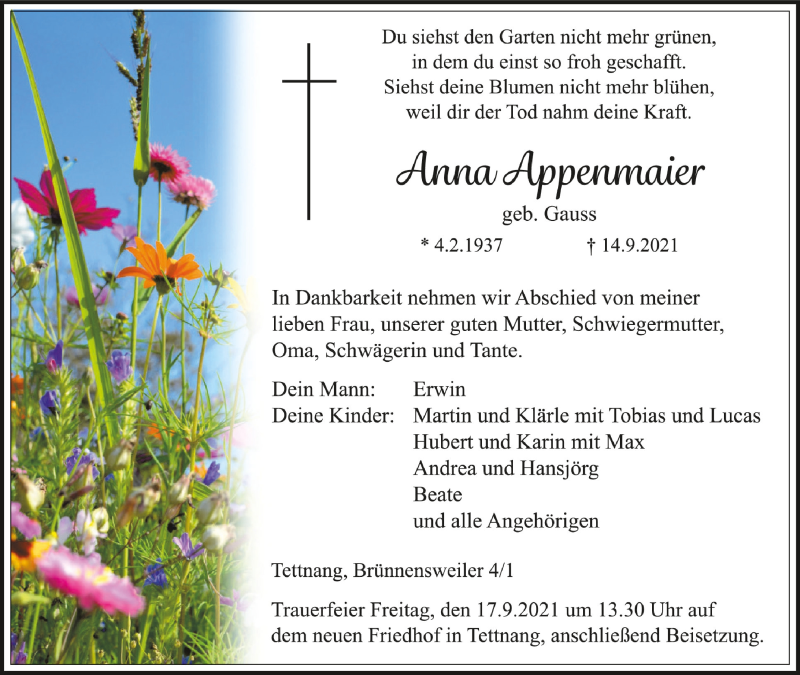  Traueranzeige für Anna Appenmaier vom 15.09.2021 aus Schwäbische Zeitung