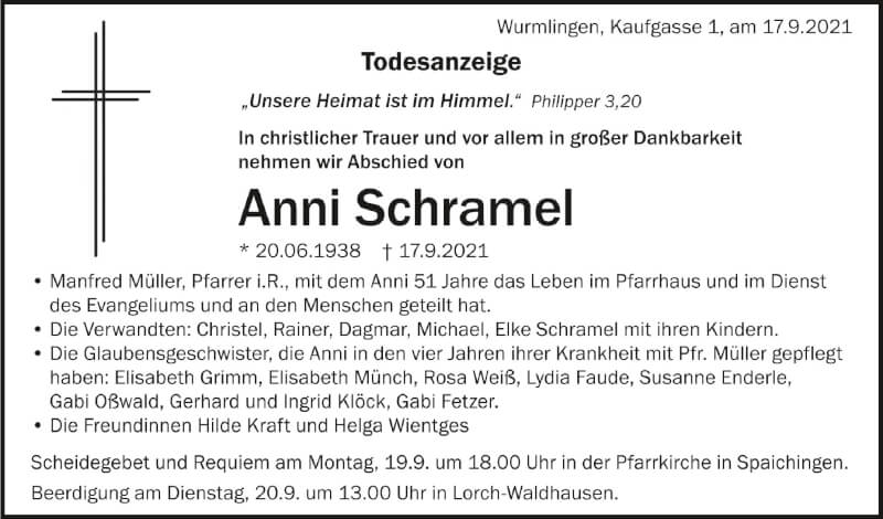  Traueranzeige für Anni Schramel vom 18.09.2021 aus Schwäbische Zeitung