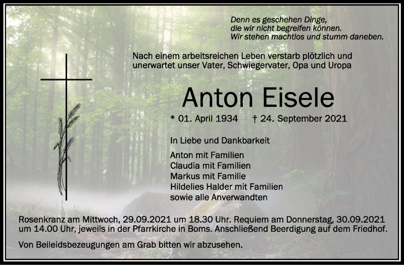  Traueranzeige für Anton Eisele vom 28.09.2021 aus Schwäbische Zeitung
