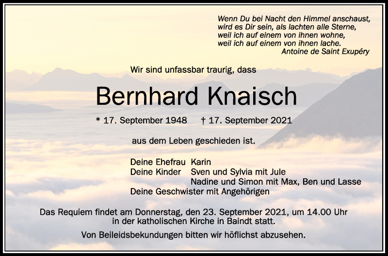  Traueranzeige für Bernhard Knaisch vom 21.09.2021 aus Schwäbische Zeitung