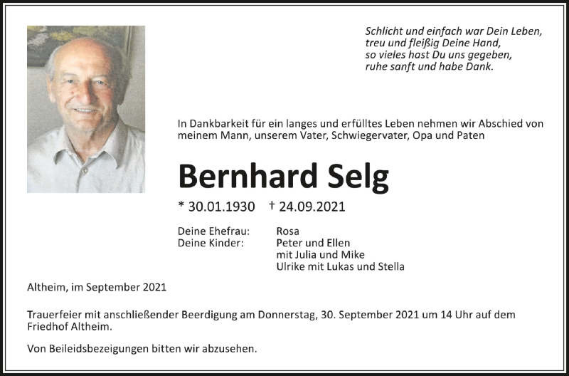  Traueranzeige für Bernhard Selg vom 28.09.2021 aus Schwäbische Zeitung