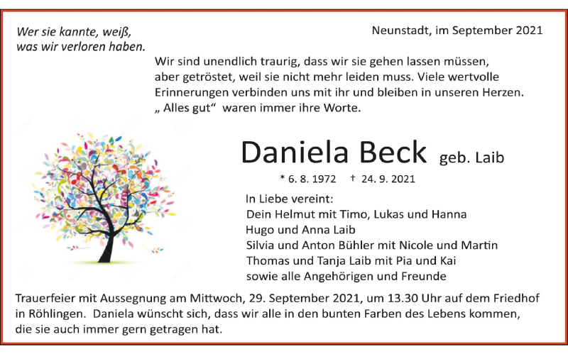  Traueranzeige für Daniela Beck vom 28.09.2021 aus Schwäbische Zeitung
