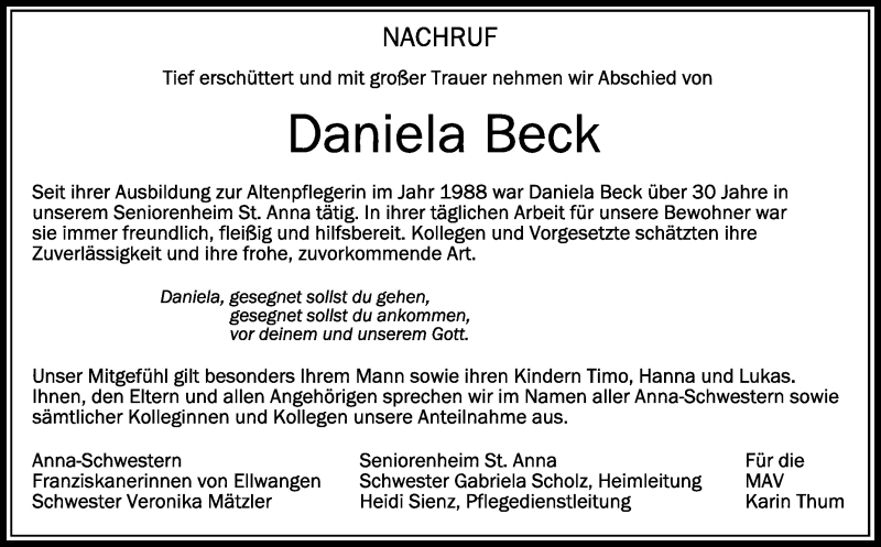  Traueranzeige für Daniela Beck vom 29.09.2021 aus Schwäbische Zeitung