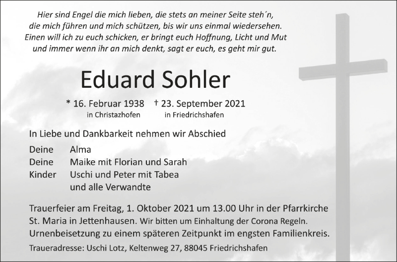  Traueranzeige für Eduard Sohler vom 28.09.2021 aus Schwäbische Zeitung